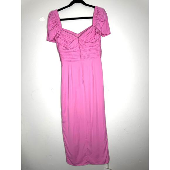 Self-Portrait Pink  Iris Puff-Sleeve Stretch Crepe Gathered Midi-Dress US 4 - Picture 12 of 14